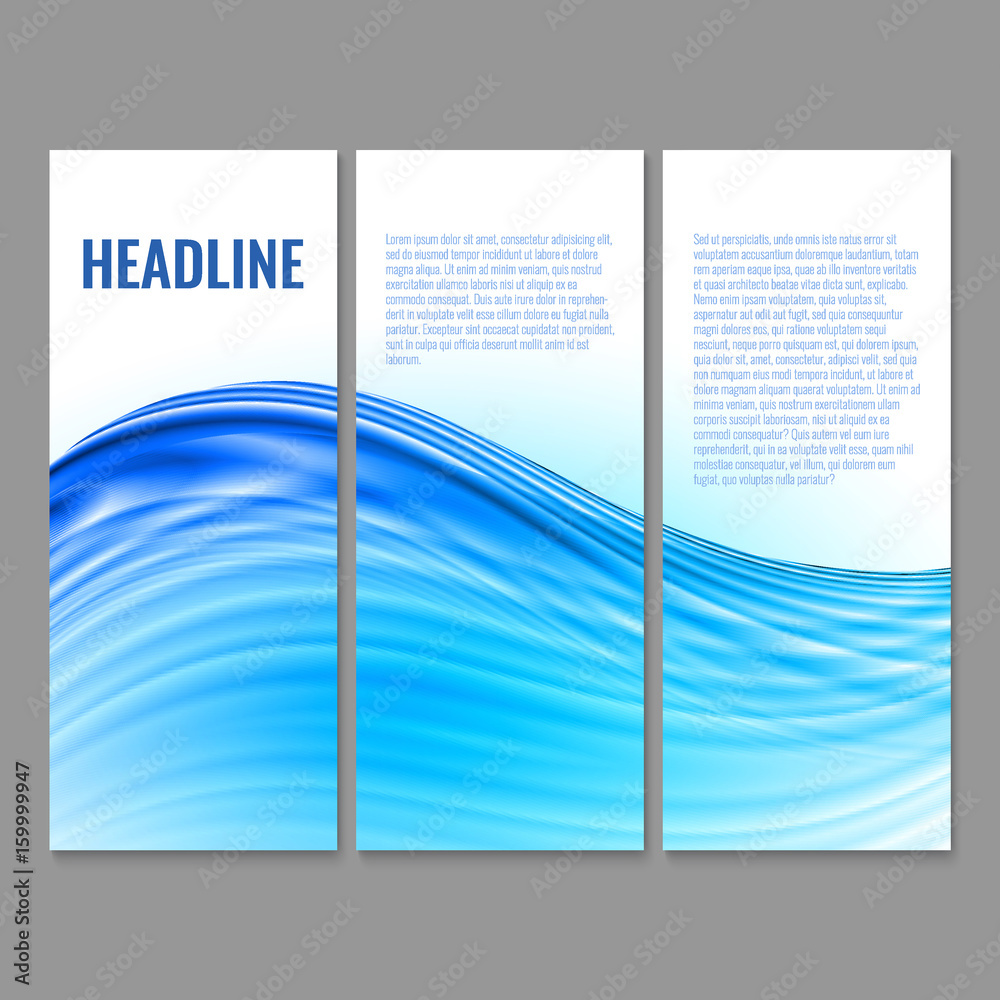 Set of wavy flyers. Business corporate style or web clean design. Template for brochure, banner, card, presentation or poster. Light blue vector background with gradient and blend. Abstract wallpaper.