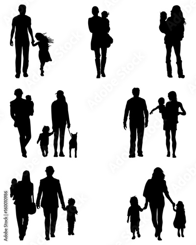 Silhouettes of families at walking, vector