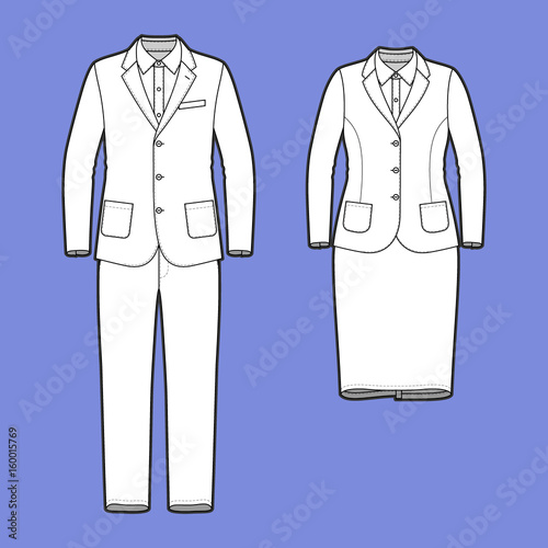 Blank Mens and Womens clothing set in white colors. Blank template of workwear suits in front view. Casual style. Vector illustration for your fashion design.