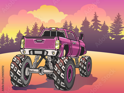 Vector Cartoon Monster Truck on the evening landscape in Pop Art style. Extreme Sports.