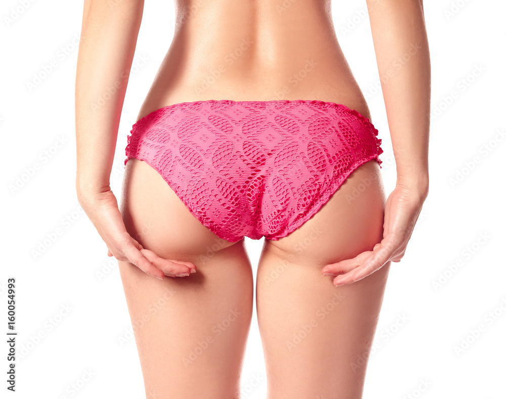 Beautiful young woman in bikini on white background, closeup Beautiful young woman in bikini on white background, closeup