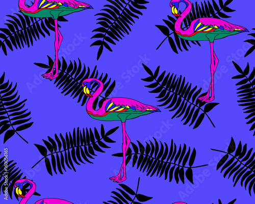Flamingo and palm leaves pattern.