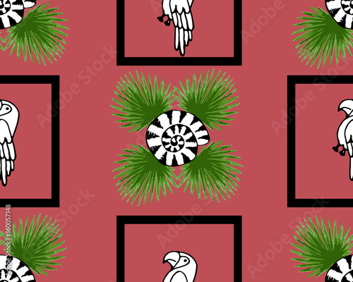 Beautiful seamless vector floral summer pattern background with parrot, palm leaves. Perfect for wallpapers, web page backgrounds, surface textures, textile.