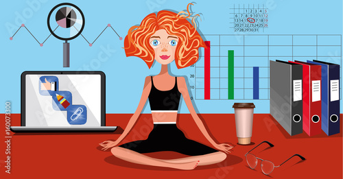 vector illustration with a young woman practicing yoga on the working place 