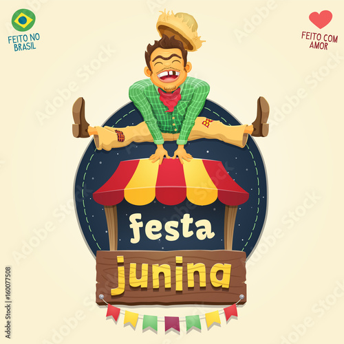 Happy hillbilly jumping over tent logo - Brazilian June Party - Multiple layers - Creative high quality vector cartoon for june party themes - Made in Brazil - Made with love