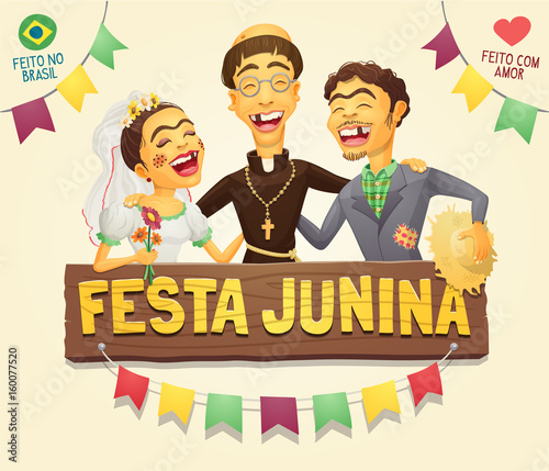 Funny hick couple with catholic priest brazilian June Party sign logo/header - Multiple layers - Creative high quality vector cartoon for june party themes - Made in Brazil - Made with love