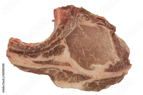 Raw Pork chop with bones on white background. Isolated, great for texture. Narrow Aperture shot especially for texture use. Left side.