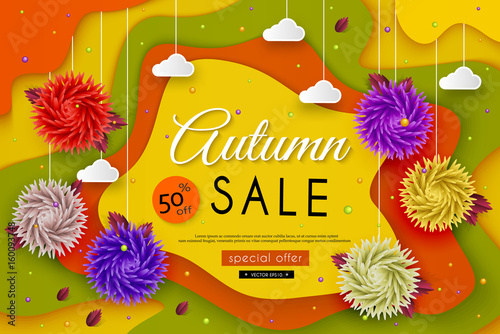 Autumn Sale. 3D stylized multicolored flowers, leaves, landscape, clouds, message. Abstract floral origami pattern. Paper art. Vector illustration