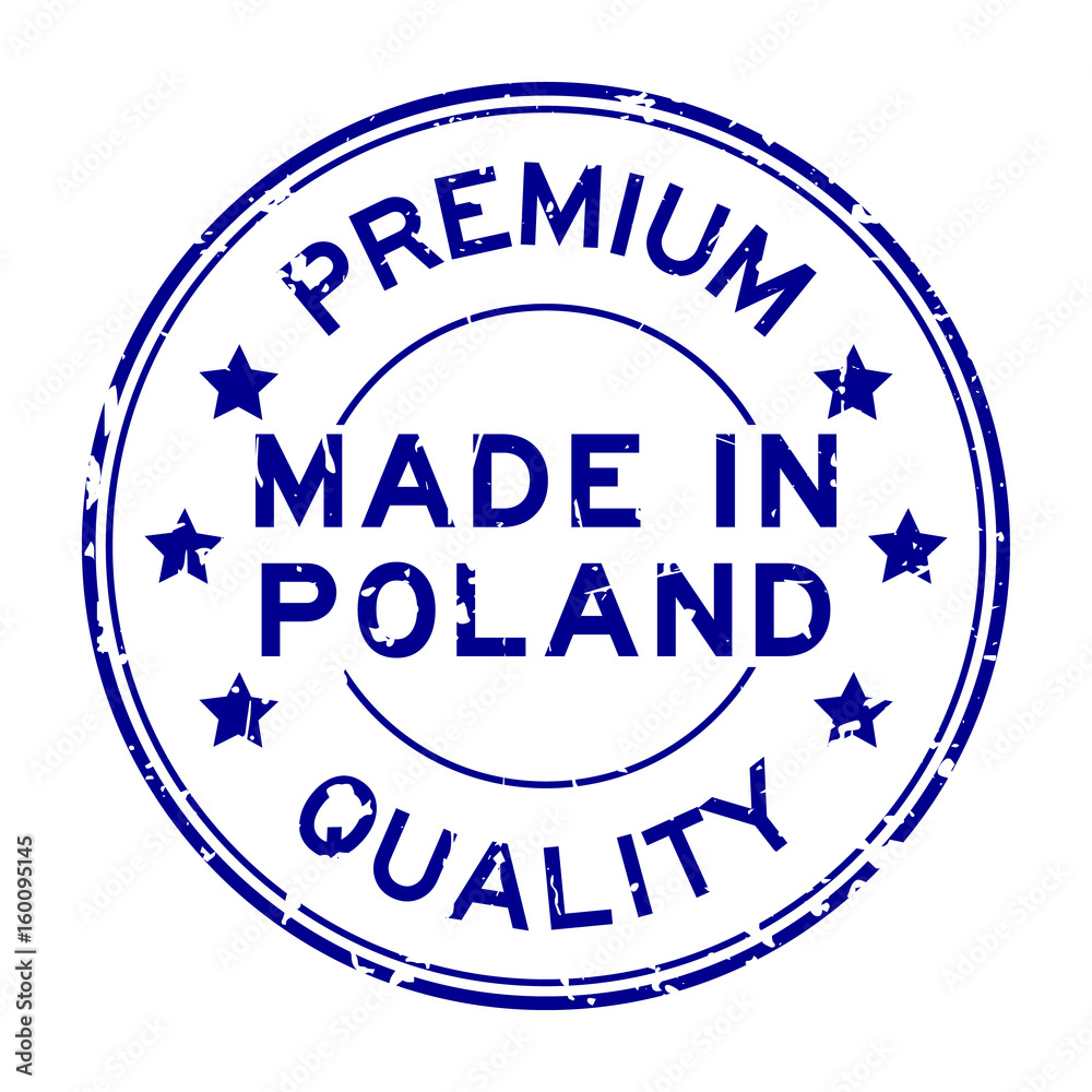 Grunge blue premium quality made in Poland round rubber seal stamp on white background
