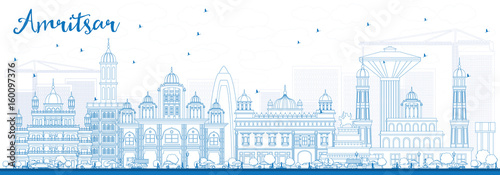 Outline Amritsar Skyline with Blue Buildings.
