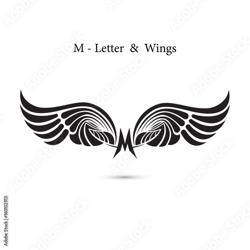 M-letter sign and angel wings.Monogram wing logo mockup.Classic emblem.Elegant dynamic alphabet letters with wings.Creative design element.Corporate branding identity.Flat web design wings icon.