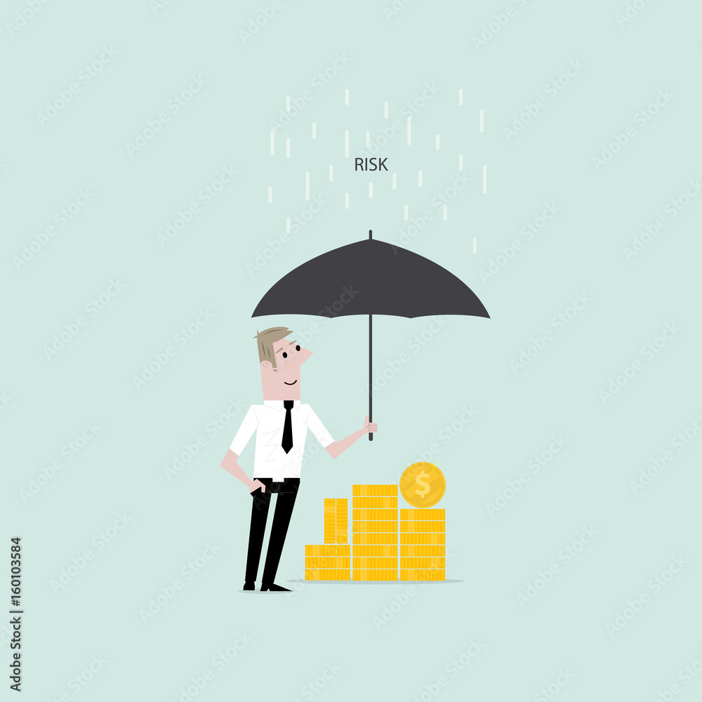 Obraz premium Manager,office worker or businessman with the beard holding an open umbrella over golden coins. Concept of business insurance.