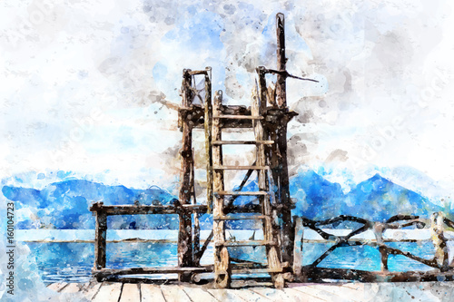 Wooden high diving platform, in watercolor art of vector.