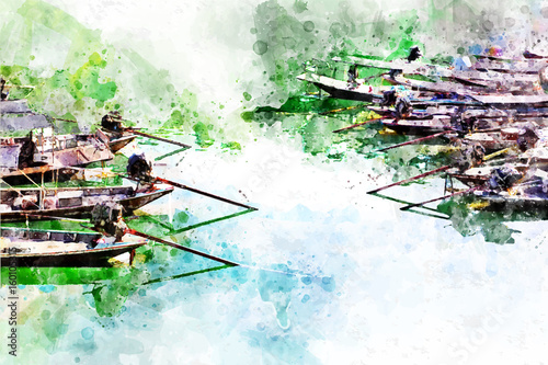 Boat rafting in the dam, with watercolor art.