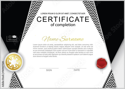 Black white official certificate with striped design elements and wafer