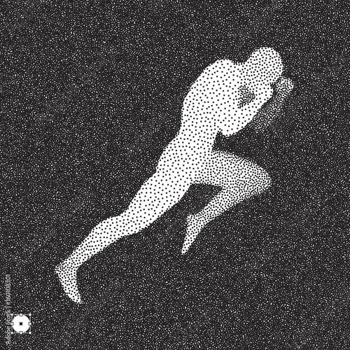 Fighter. Sports concept. 3D model of man. Black and white grainy dotwork design. Stippled vector illustration.