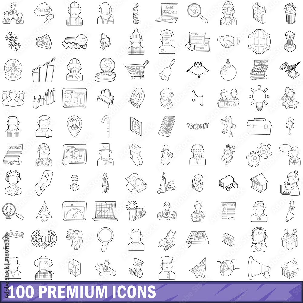 100 premium icons set, outline style