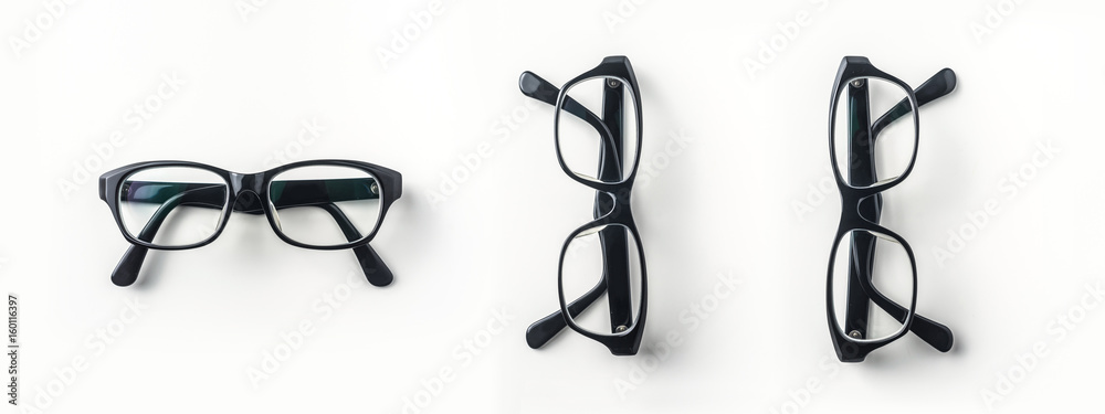 Top view of vintage glasses on white background desk for mockup, collection of diverse angle. - obrazy, fototapety, plakaty 
