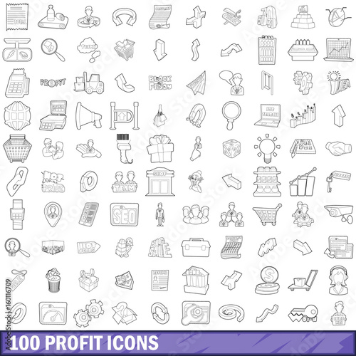 100 profit icons set, outline style