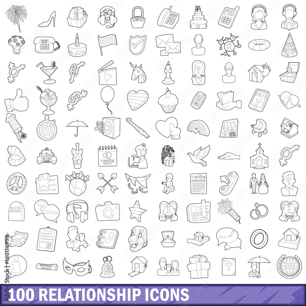 100 relationship icons set, outline style