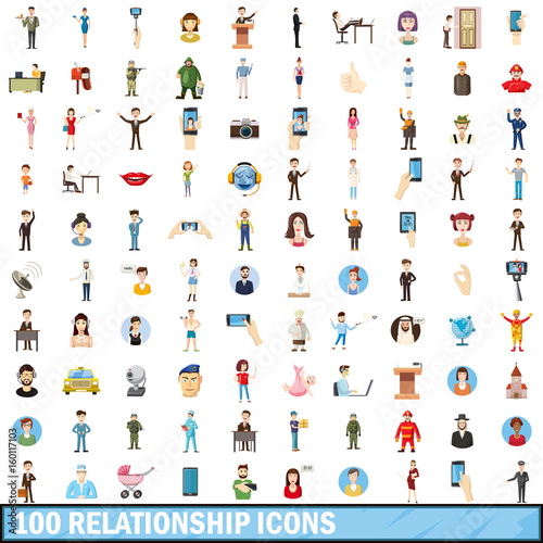 100 relationship icons set, cartoon style