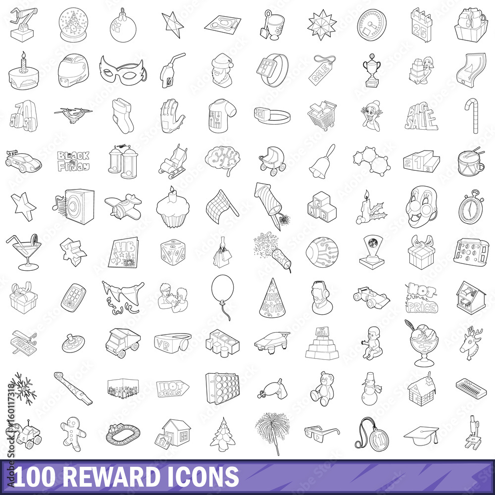 100 reward icons set, outline style