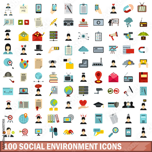 100 social environment icons set, flat style