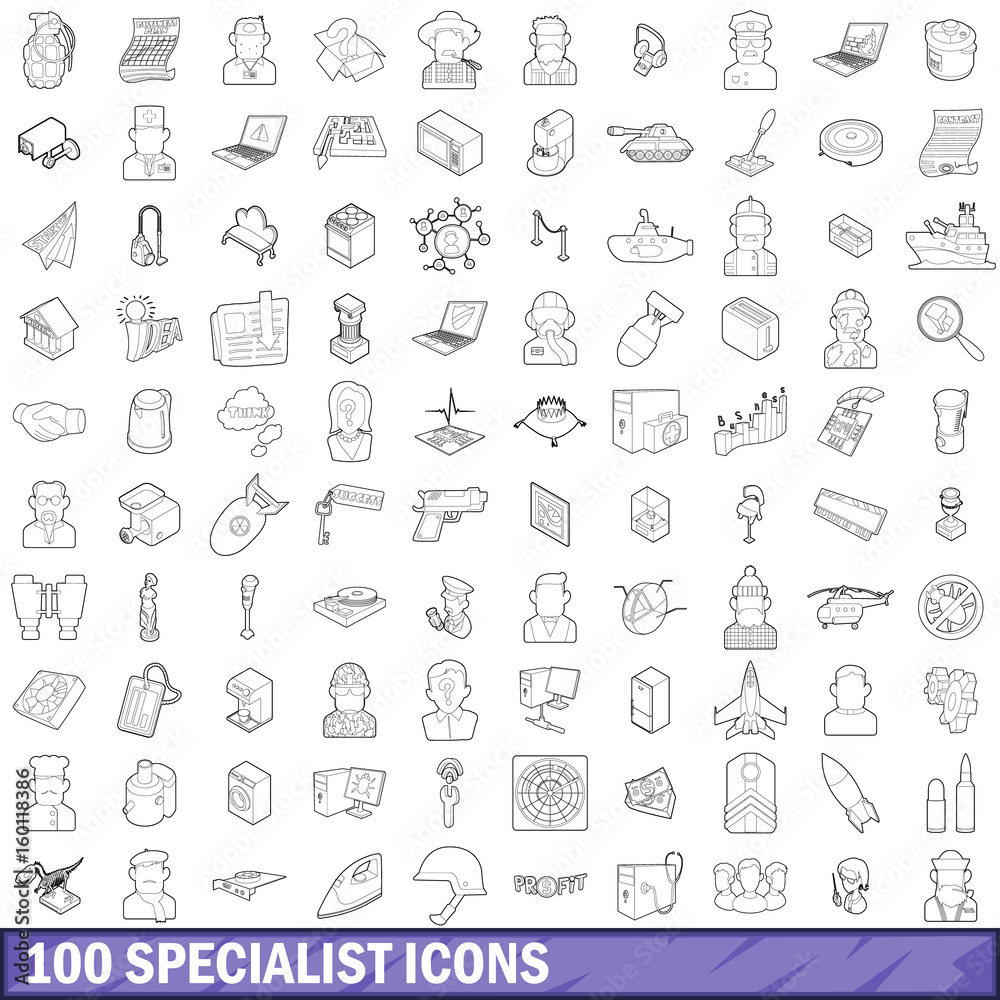 100 specialist icons set, outline style