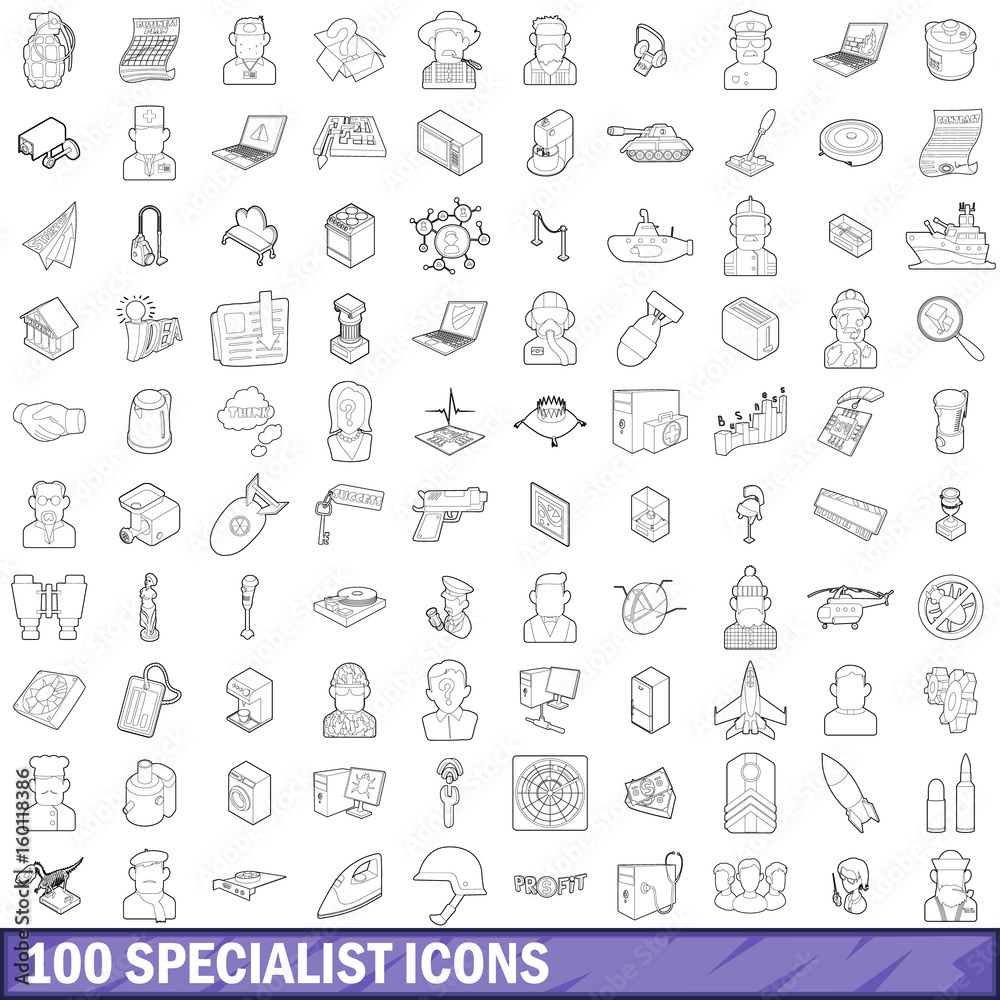 100 specialist icons set, outline style 100 specialist icons set, outline style