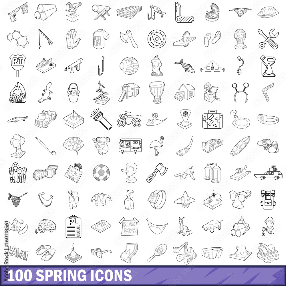 Naklejka premium 100 spring icons set, outline style