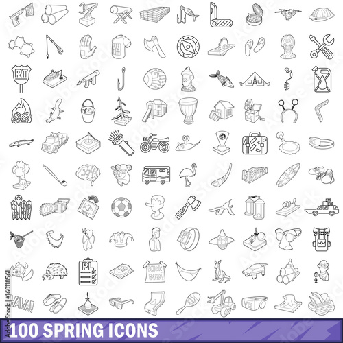 100 spring icons set  outline style