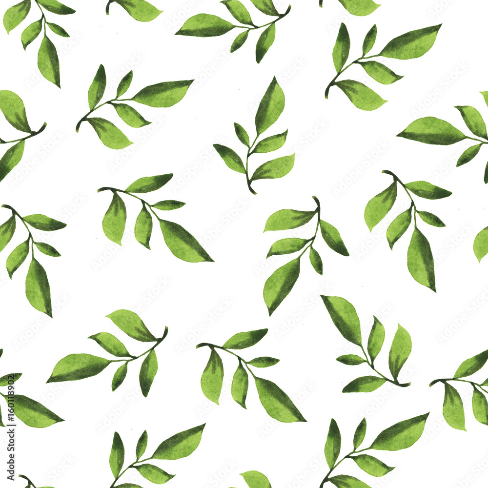 Seamless pattern with fresh green leaves and branches painted by watercolor. Hand drawn illustration.
