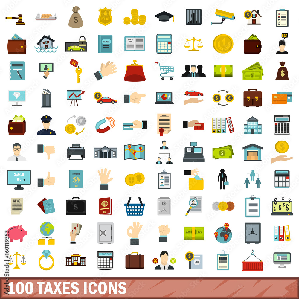 100 taxes icons set, flat style