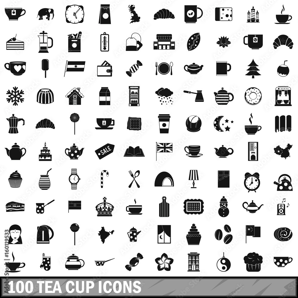 100 tea cup icons set, simple style 100 tea cup icons set, simple style
