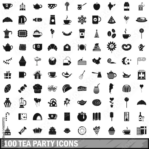 Canvas Print 100 tea party icons set, simple style
