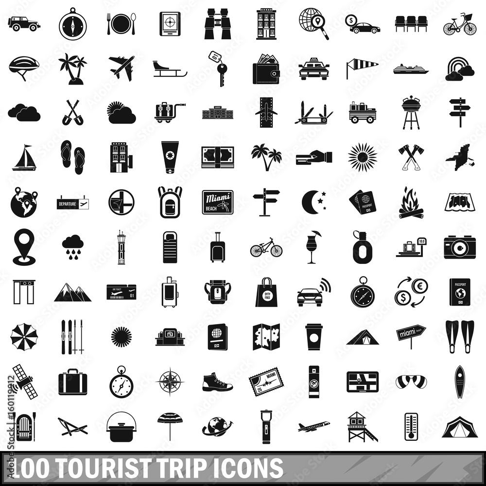100 tourist trip icons set, simple style 100 tourist trip icons set, simple style
