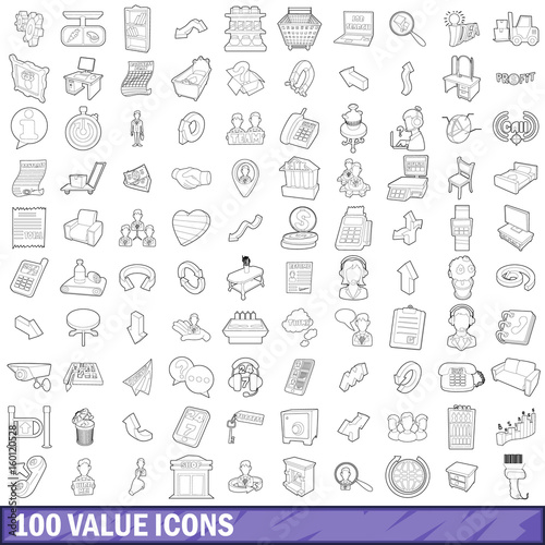 100 value icons set, outline style