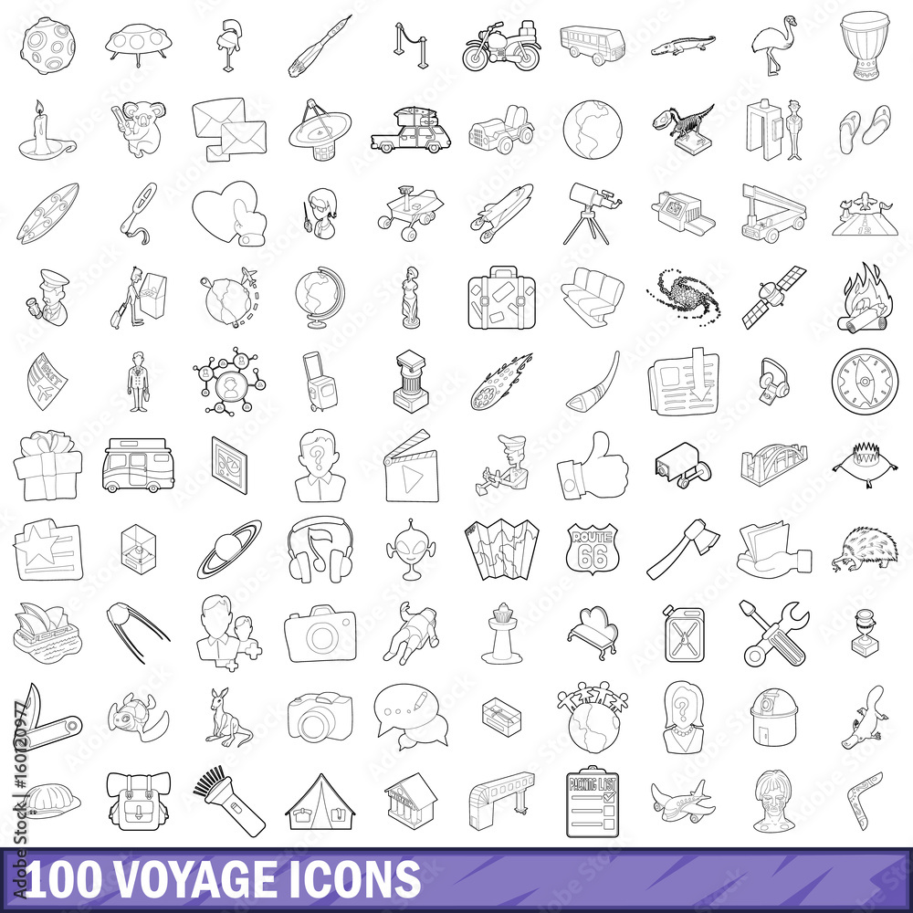 100 voyage icons set, outline style
