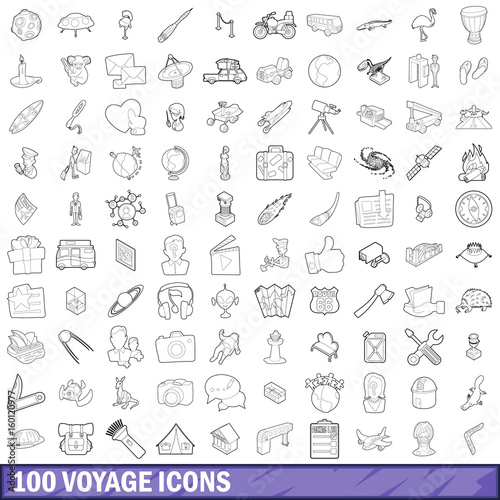100 voyage icons set  outline style