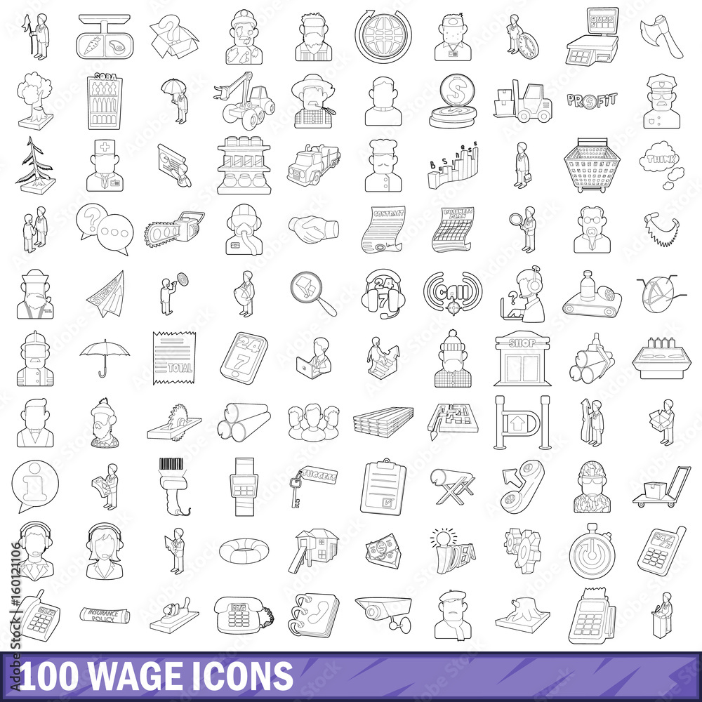 100 wage icons set, outline style 100 wage icons set, outline style