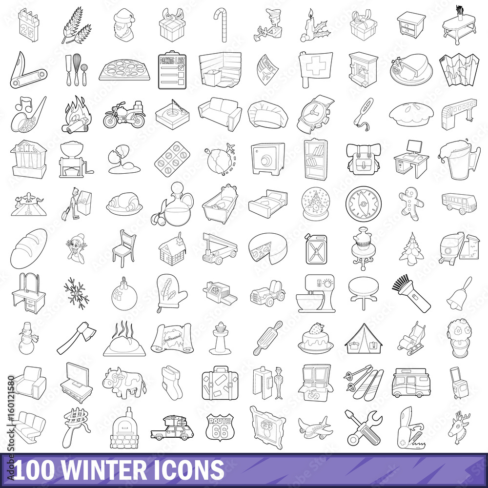 100 winter icons set, outline style 100 winter icons set, outline style