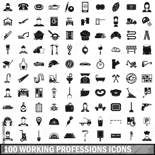 100 working professions icons set, simple style 
