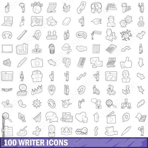 100 writer icons set, outline style