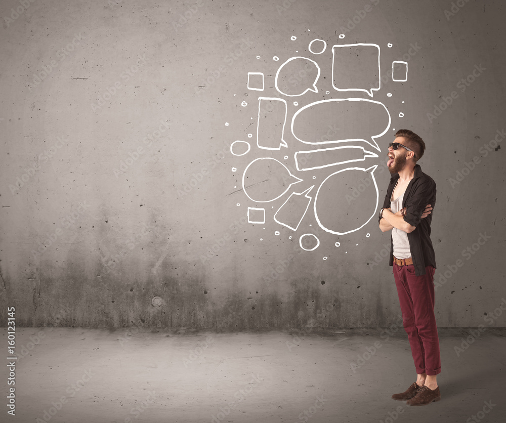 Shouting hipster with empty speech bubble