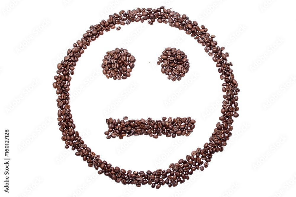 Indifferent smiley from coffee beans, isolated on white background Indifferent smiley from coffee beans, isolated on white background