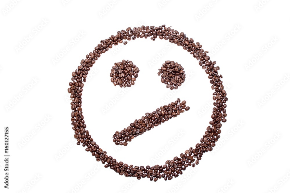 Irritated confused smiley of coffee beans isolated on white background Irritated confused smiley of coffee beans isolated on white background