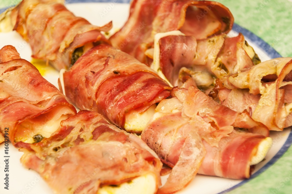 Grilled bacon with cheese and spinach. Summer Grill Party. Grilled bacon with cheese and spinach. Summer Grill Party.