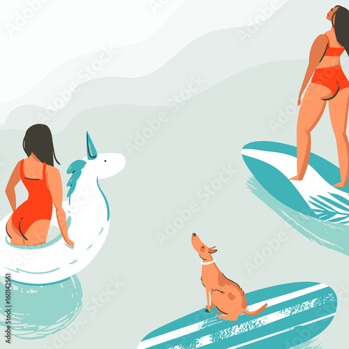 Hand drawn vector abstract summer time illustration card with surfer girls,swimming unicorn circle and dog on surfboard in water isolated on blue background