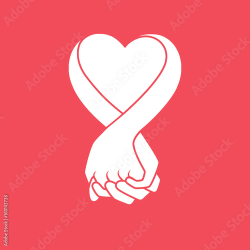 Graphic of hands holding together with heart shape.