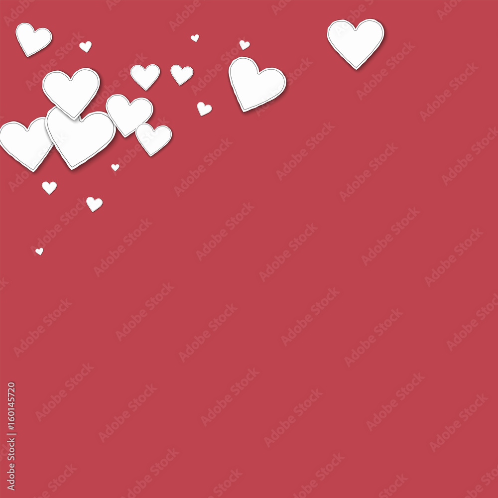 Cutout paper hearts. Top left corner on crimson background. Vector illustration.